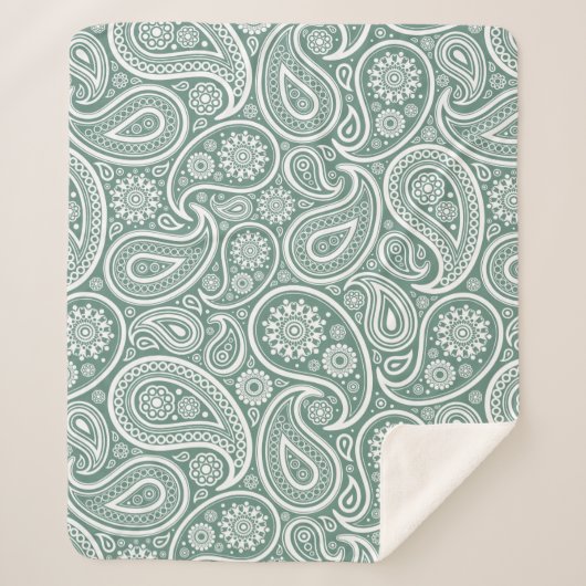 Salie groen en wit  paisley patroon sherpa deken (Voorkant)
