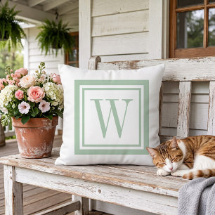 Salie groen en witte klassieke vierkante monogram buitenkussen