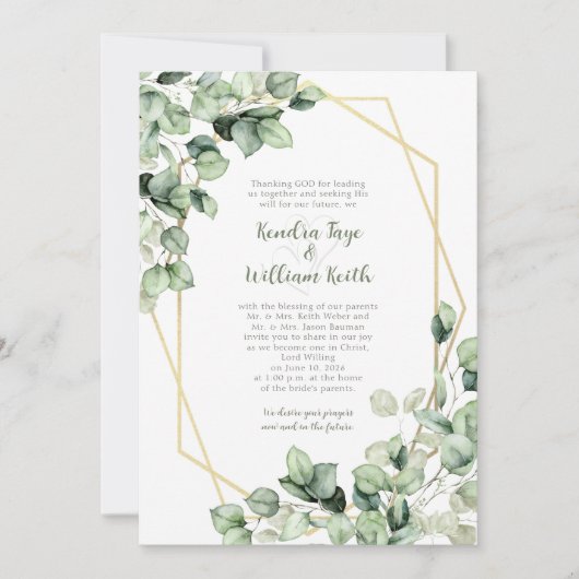 Salie Groen Eucalyptus Gouden Geometrische Trouwda Kaart (Voorkant)