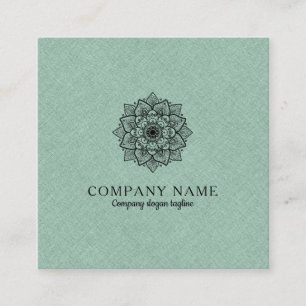Salie-groen Faux Linnen & Zwart Mandala Vierkante Visitekaartje