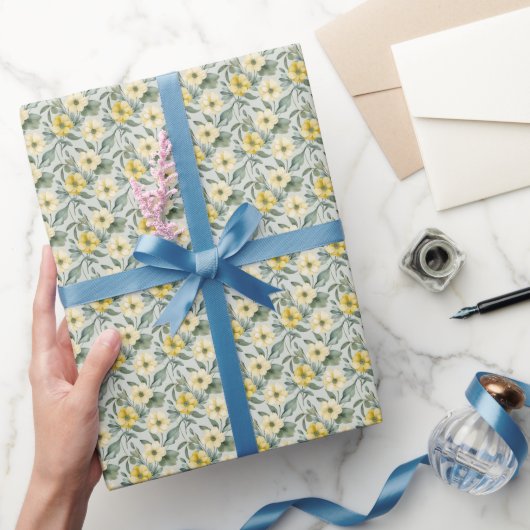 Salie Groen Geel Bloemen Baby en Vrijgezellenfeest Cadeaupapier (Geschenken)