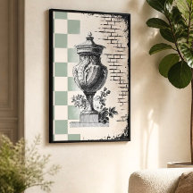 Salie groen geruit vintage urn klassieke schets