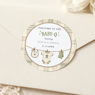 Salie Groen Gingham Baby Shower Vintage BBQ Ronde Sticker