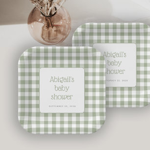 Salie Groen Gingham Geruite Rustieke Baby Shower Papieren Bordje