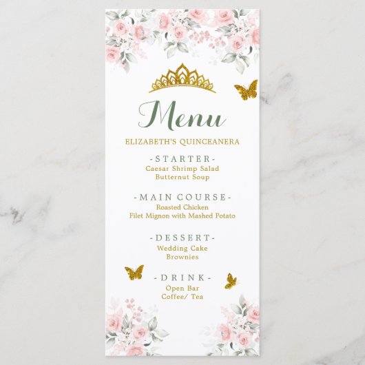 Salie Groen Goud Blush Bloemen Vlinder Quinceañera Menu (Voorkant)