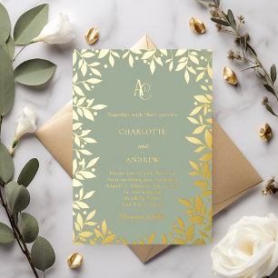 Salie groen goud botanisch monogram luxe trouwdag folie uitnodiging