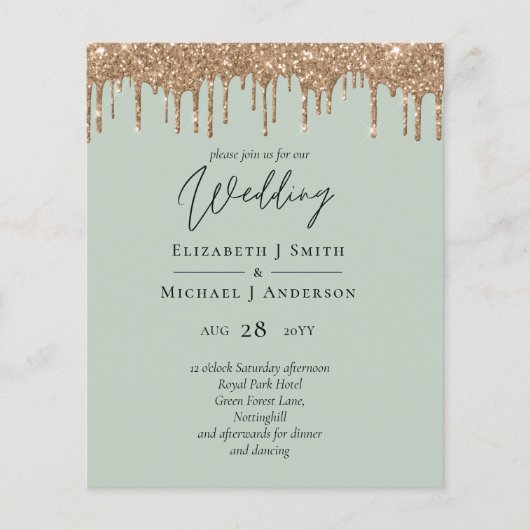 Salie Groen Goud Druppelende Glitter Bruiloft Scri (Voorkant)