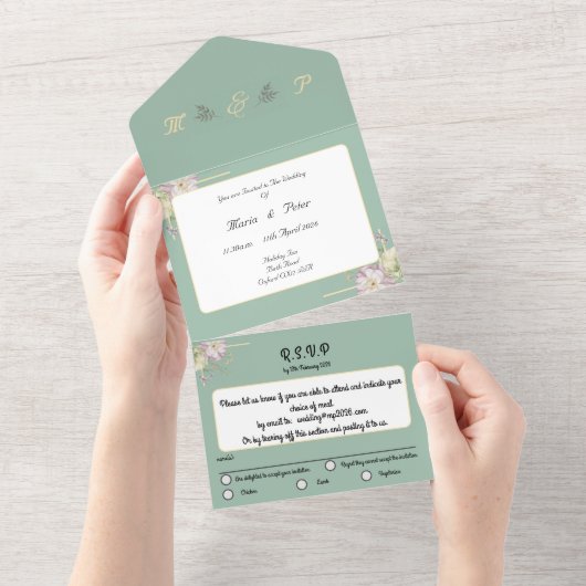 Salie groen, goud en bloem spray all in one uitnodiging (Afscheurbaar)