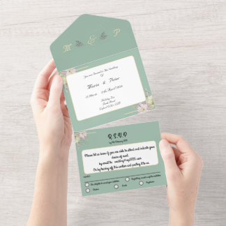 Salie groen, goud en bloem spray all in one uitnodiging