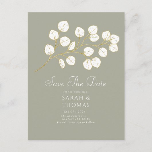 Salie groen goud eucalyptus bladeren Save the date Briefkaart (Voorkant)