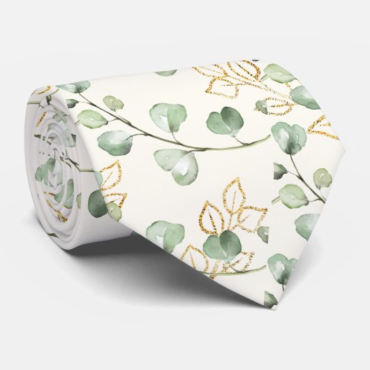 Salie Groen & Goud Eucalyptus Crème Witte Bruiloft Stropdas (Opgerold)