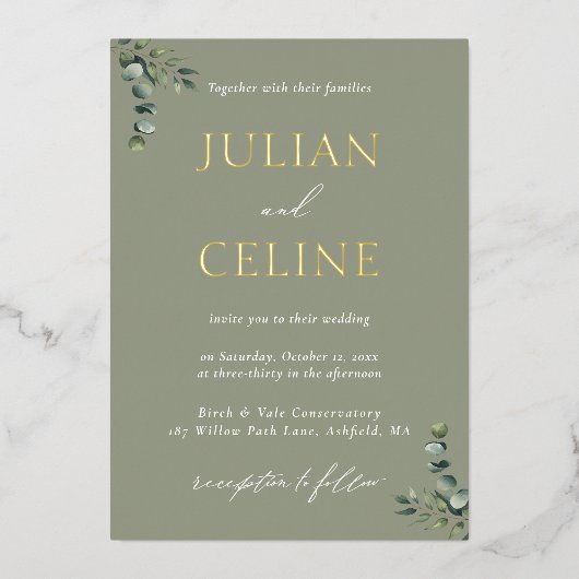 Salie Groen Goud Eucalyptus Groen Goud Huwelijk Folie Uitnodiging (Voorkant)