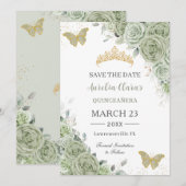 Salie Groen Goud Quinceanera Zoete 16 Vlinders Save The Date (Voorkant / Achterkant)