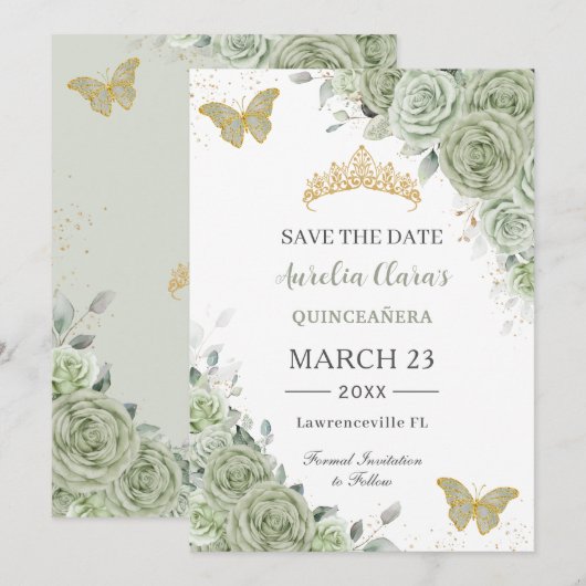 Salie Groen Goud Quinceanera Zoete 16 Vlinders Save The Date (Voorkant / Achterkant)