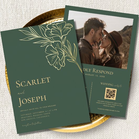 Salie Groen Gouden Botanische QR Code RSVP Huwelij Folie Uitnodiging