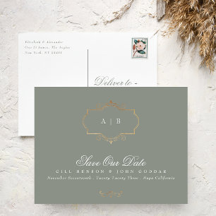 salie groen gouden kam monogram Folie Save The Dat Aankondigingskaart