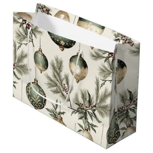 Salie Groen Gouden Kerst Ornamenten Patroon Groot Cadeauzakje (Voorkant Gekanteld)