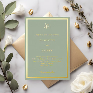 Salie groen gouden luxe trouwmonogram folie uitnodiging