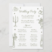 Salie groen handgetekend whimisch trouwprogramma kaart (Achterkant)