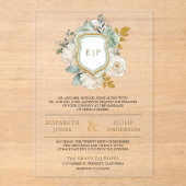 Salie Groen Ivoor Bloemen Monogram Kreeft Huwelijk Acryl Uitnodigingen (Voorkant)