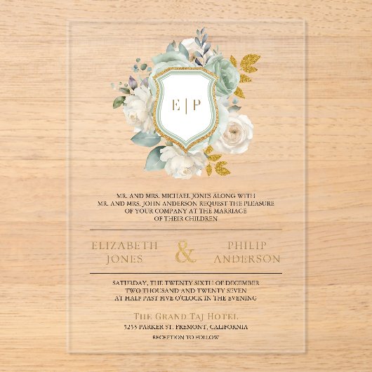 Salie Groen Ivoor Bloemen Monogram Kreeft Huwelijk Acryl Uitnodigingen (Voorkant)