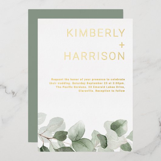 Salie groen laat moderne bruiloft gouden folie uitnodiging (Voorkant / Achterkant)