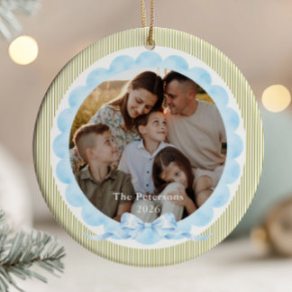 Salie Groen & Lichtblauw Kerst Foto Keramisch Ornament