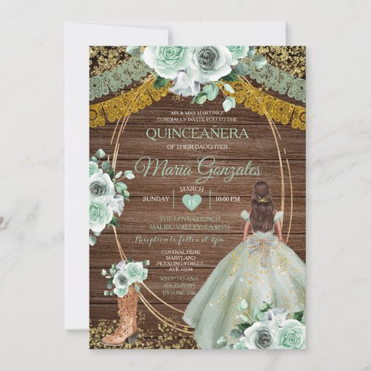Salie Groen Mexicaans Quinceañera Rustiek Hout Kaart (Voorkant)