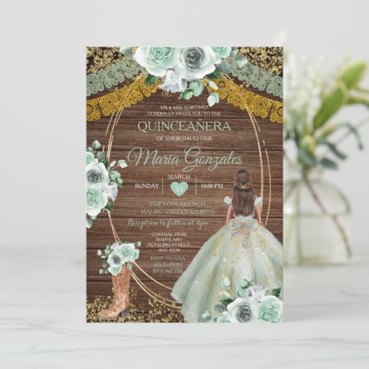 Salie Groen Mexicaans Quinceañera Rustiek Hout Kaart (Staand voorkant)