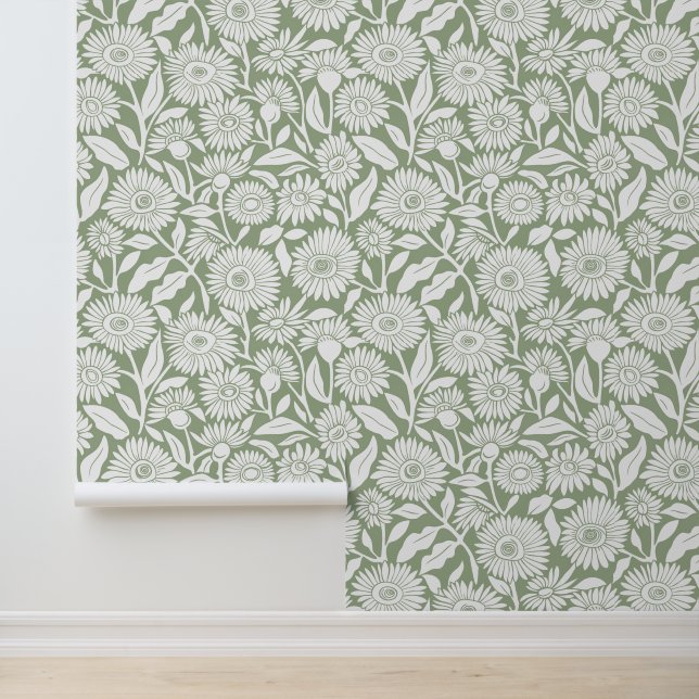 Salie Groen Minimale Zonnebloem Behang (Applicatie)