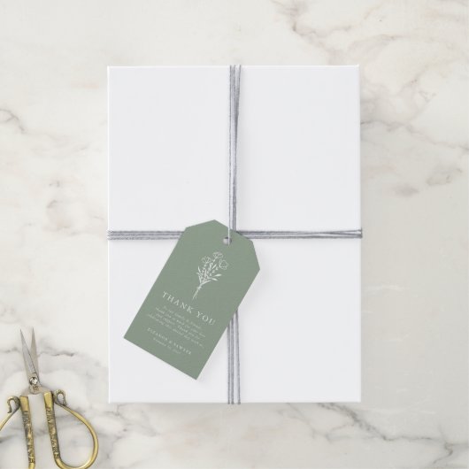 Salie Groen Minimalistische Bloemen Boeket Huwelij Cadeaulabel (Met Touw)