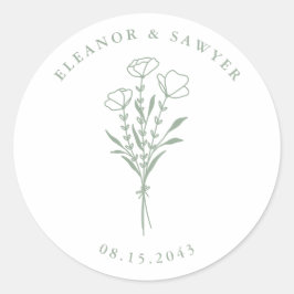 Salie Groen Minimalistische Bloemen Boeket Huwelij Ronde Sticker
