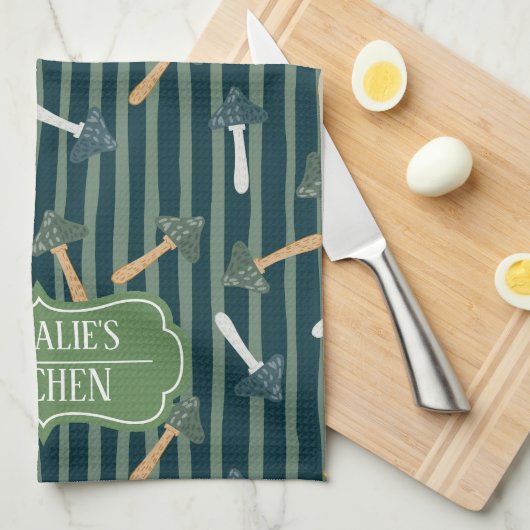  Salie Groen Monogram Paddestoel Patroon Retro Theedoek (Quarter Fold)