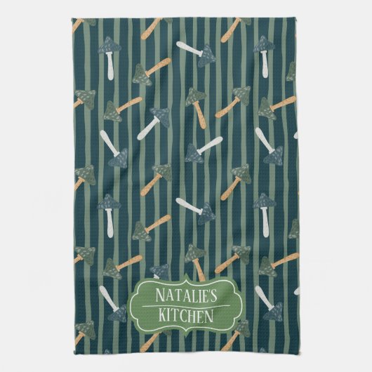  Salie Groen Monogram Paddestoel Patroon Retro Theedoek (Verticaal)