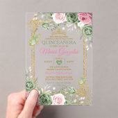 Salie Groen Quinceañera Roze Gouden Kroon Vlinder Acryl Uitnodigingen (Insitu (Draagbaar))