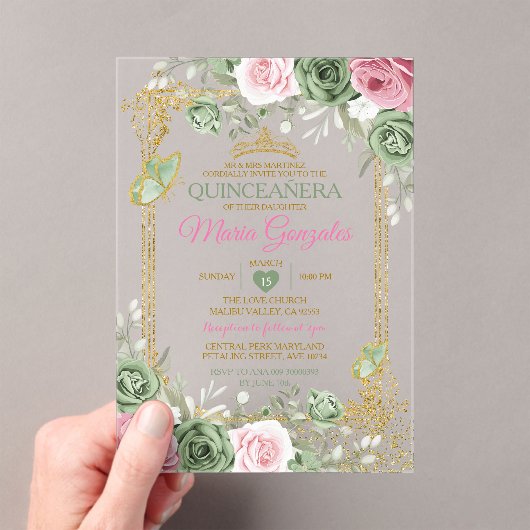 Salie Groen Quinceañera Roze Gouden Kroon Vlinder Acryl Uitnodigingen (Insitu (Draagbaar))