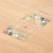 Salie Groen Quinceañera Roze Gouden Kroon Vlinder Acryl Uitnodigingen (Laagn)