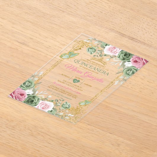 Salie Groen Quinceañera Roze Gouden Kroon Vlinder Acryl Uitnodigingen (Laagn)