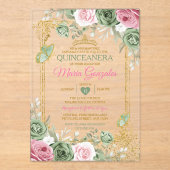 Salie Groen Quinceañera Roze Gouden Kroon Vlinder Acryl Uitnodigingen (Voorkant)