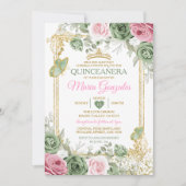 Salie Groen Quinceañera Roze Gouden Kroon Vlinder Kaart (Voorkant)