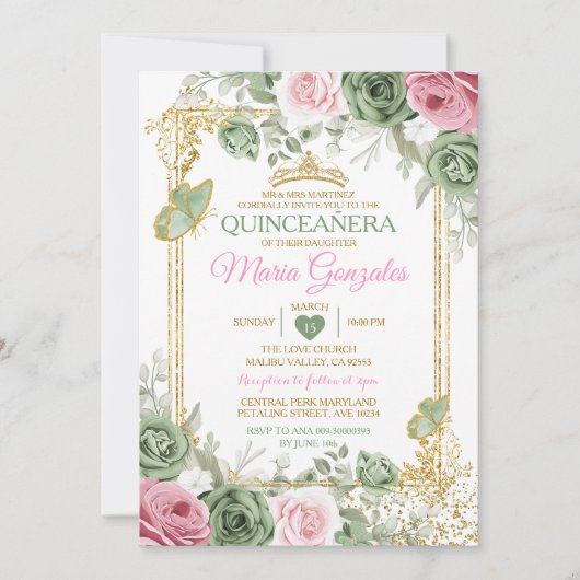 Salie Groen Quinceañera Roze Gouden Kroon Vlinder Kaart (Voorkant)
