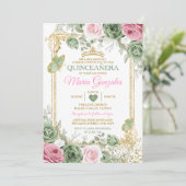 Salie Groen Quinceañera Roze Gouden Kroon Vlinder Kaart (Staand voorkant)