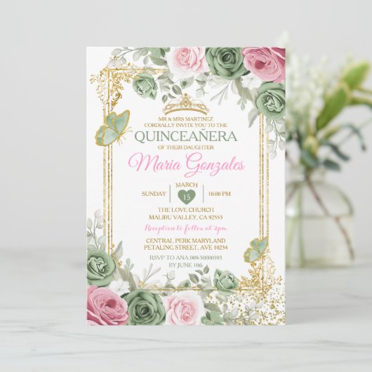 Salie Groen Quinceañera Roze Gouden Kroon Vlinder Kaart (Staand voorkant)