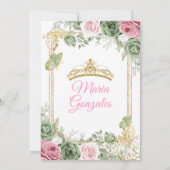 Salie Groen Quinceañera Roze Gouden Kroon Vlinder Kaart (Achterkant)