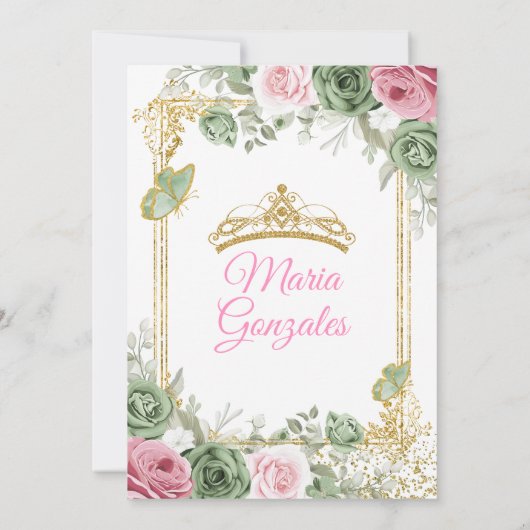 Salie Groen Quinceañera Roze Gouden Kroon Vlinder Kaart (Achterkant)