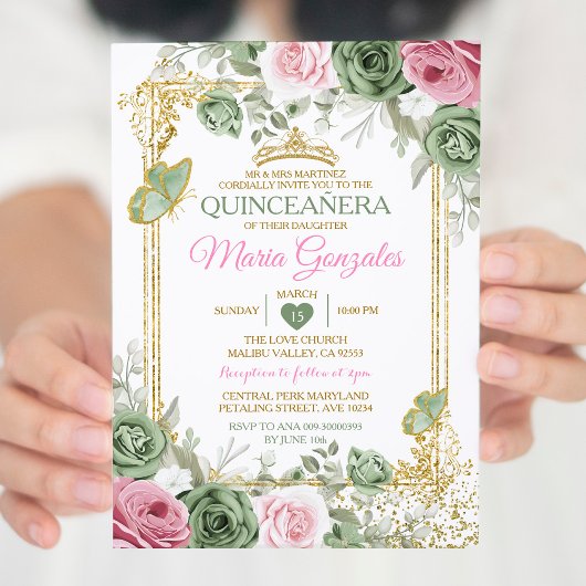 Salie Groen Quinceañera Roze Gouden Kroon Vlinder Kaart