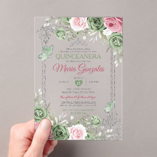 Salie Groen Quinceañera Roze Zilveren Kroonvlinder Acryl Uitnodigingen