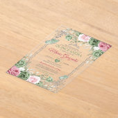 Salie Groen Quinceañera Roze Zilveren Kroonvlinder Acryl Uitnodigingen (Laagn)