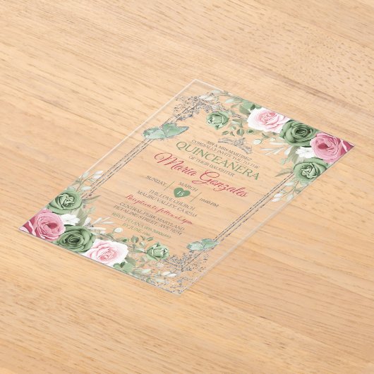 Salie Groen Quinceañera Roze Zilveren Kroonvlinder Acryl Uitnodigingen (Laagn)