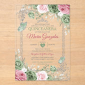 Salie Groen Quinceañera Roze Zilveren Kroonvlinder Acryl Uitnodigingen (Voorkant)